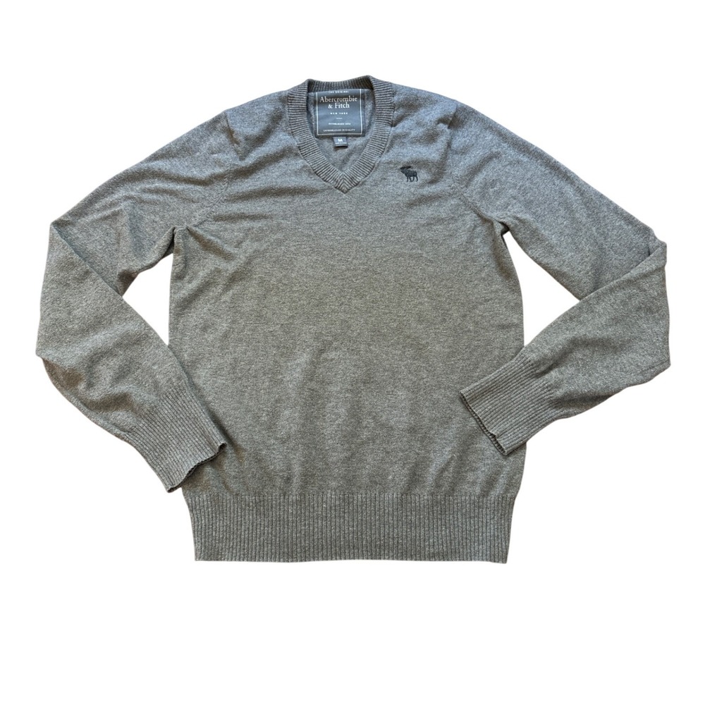 Abercrombie & Fitch V-Neck Sweater Mens Grey Excellent Cotton Wool SIZE M